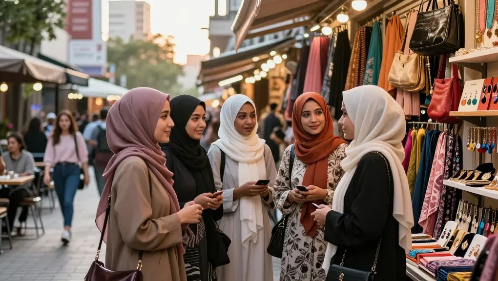 Visiting a hijab shop showcasing vibrant styles and colors in an urban fashion scene.