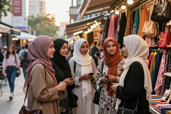 Visiting a hijab shop showcasing vibrant styles and colors in an urban fashion scene.