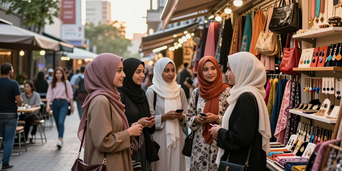 Visiting a hijab shop showcasing vibrant styles and colors in an urban fashion scene.