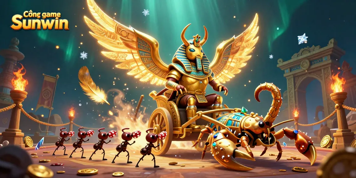 Cổng game Sunwin features a golden scarab beetle and jewel scorpions in a dynamic online casino scene.