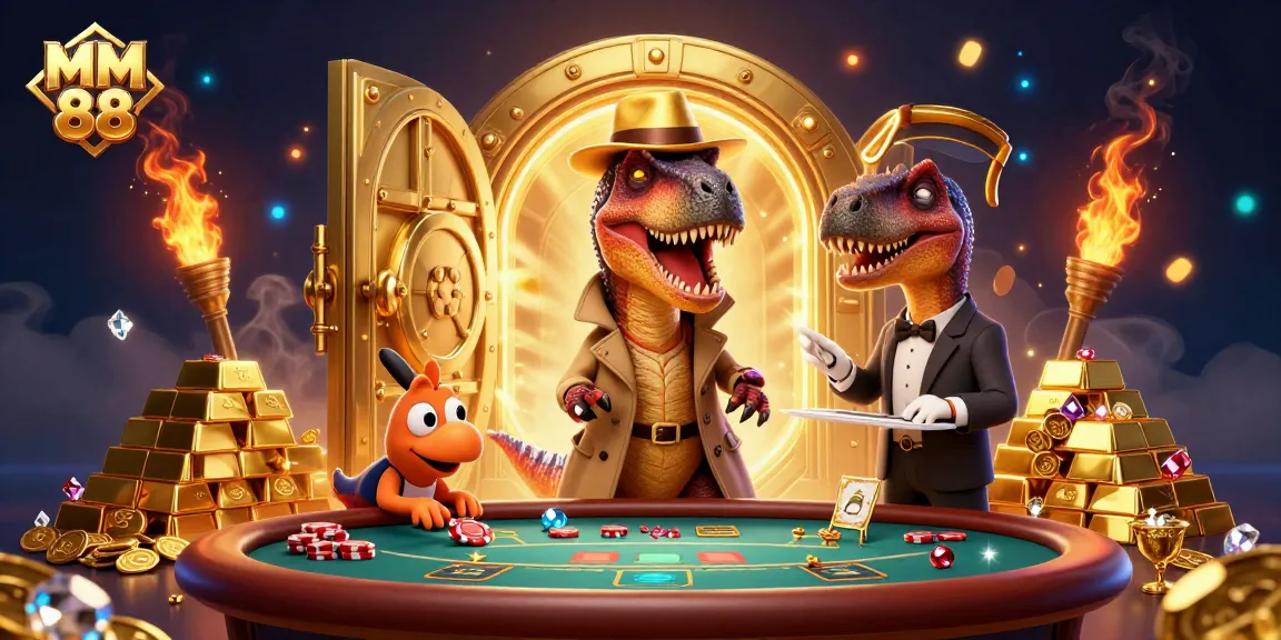 Experience MM 88 excitement with a cartoon velociraptor at a blackjack table, surrounded by casino treasures.