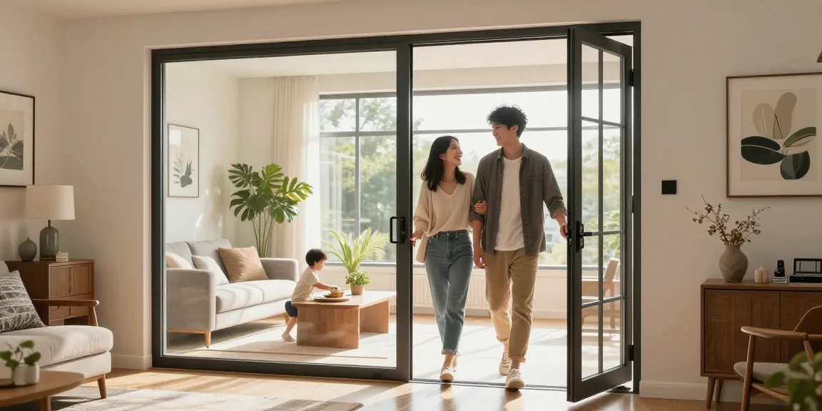 Single leaf swing door opening to a bright modern living room with a welcoming atmosphere.