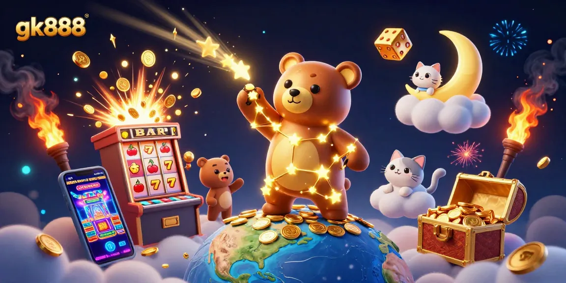 Engage with gk888's vibrant jackpot scene featuring a constellation bear, coins, and casino elements.