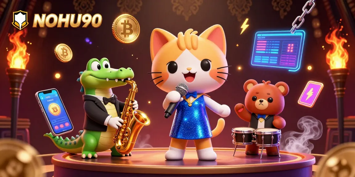 Experience the excitement of NOHU90 with a vibrant casino scene featuring a singing cat, a saxophone crocodile, and a drumming bear.