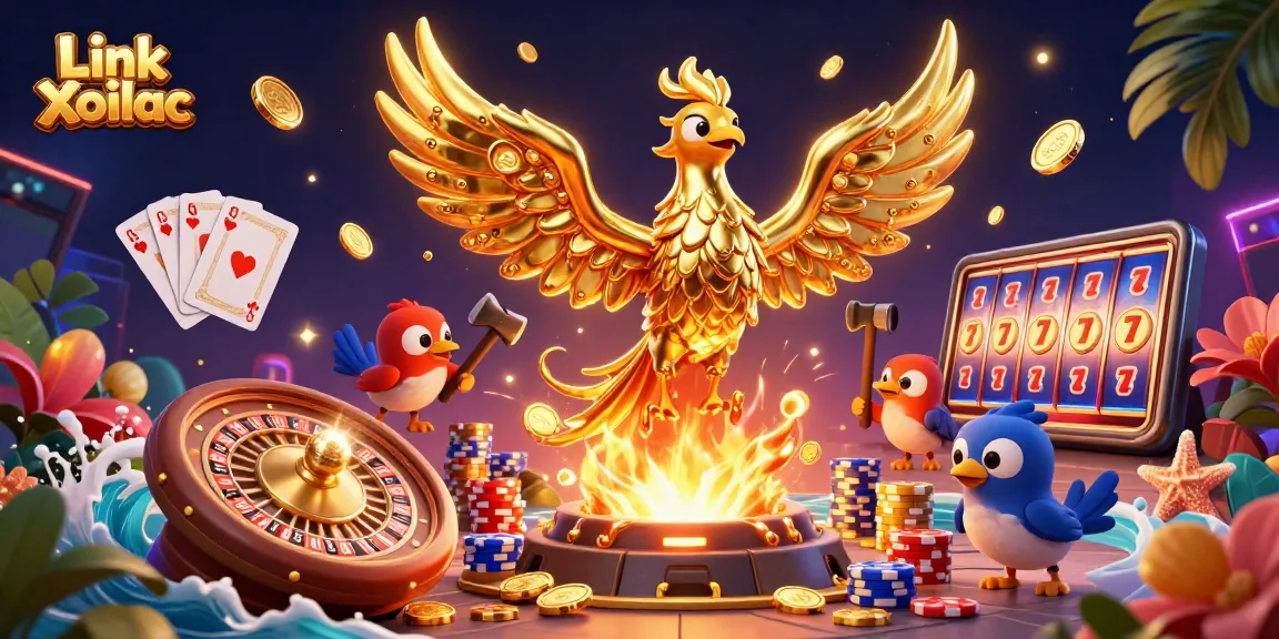 Experience thrilling gaming with Link Xoilac's vibrant 3D casino illustration showcasing dynamic elements.