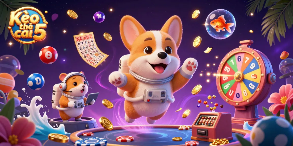 Kèo nhà cái 5 engages players with floating corgi, lottery balls, and dynamic casino elements in a vivid space setting.